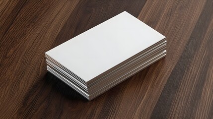 Stack of Premium Blank Business Cards with Platinum Edges on Refined Dark Wooden Desk