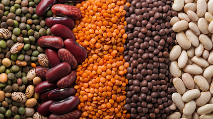 Assorted Legumes, Lentils, and Beans Arranged in Rows for Healthy and Organic Food Concept
