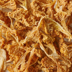 Dried vegetables detail cauliflower on the table up view.