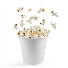 White Popcorn Container with Flying Popcorn Kernels in Air