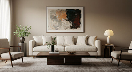 "A stylish interior design shot of a modern living room featuring contemporary furniture, soft neutral tones, and artistic decor."
