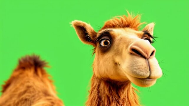 Playful camel with expressive features against a vibrant green background