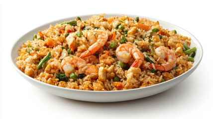 Golden fried rice with shrimp and vegetables in large bowl, delicious and colorful