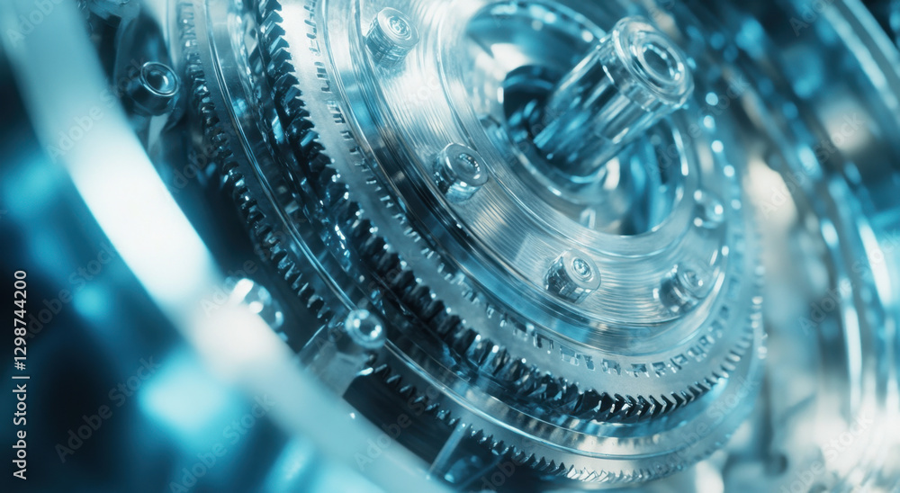 Poster a close-up view reveals metallic gears and cogs rotating in synchrony, illustrating the elegance of 