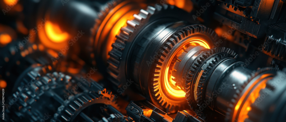 Poster the gears and cogs interlock and rotate, glowing with bright orange light, showcasing the intricate 