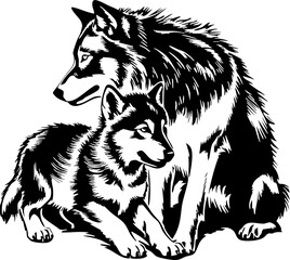 Obraz premium Playful interaction of adult and puppy huskies natural setting graphic close-up view animal companionship
