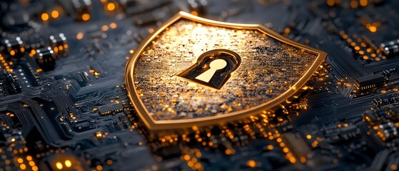 Golden padlocked shield overlaying an advanced circuit board