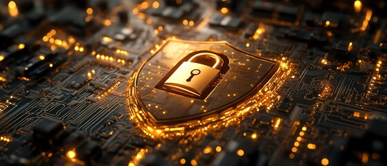 Golden shield with a closed padlock on a glowing circuit board