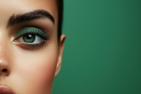 St Patrick's Day, A close-up of an elegant woman's eye showcasing vivid green eyeshadow against a soft green backdrop. A perfect beauty shot.