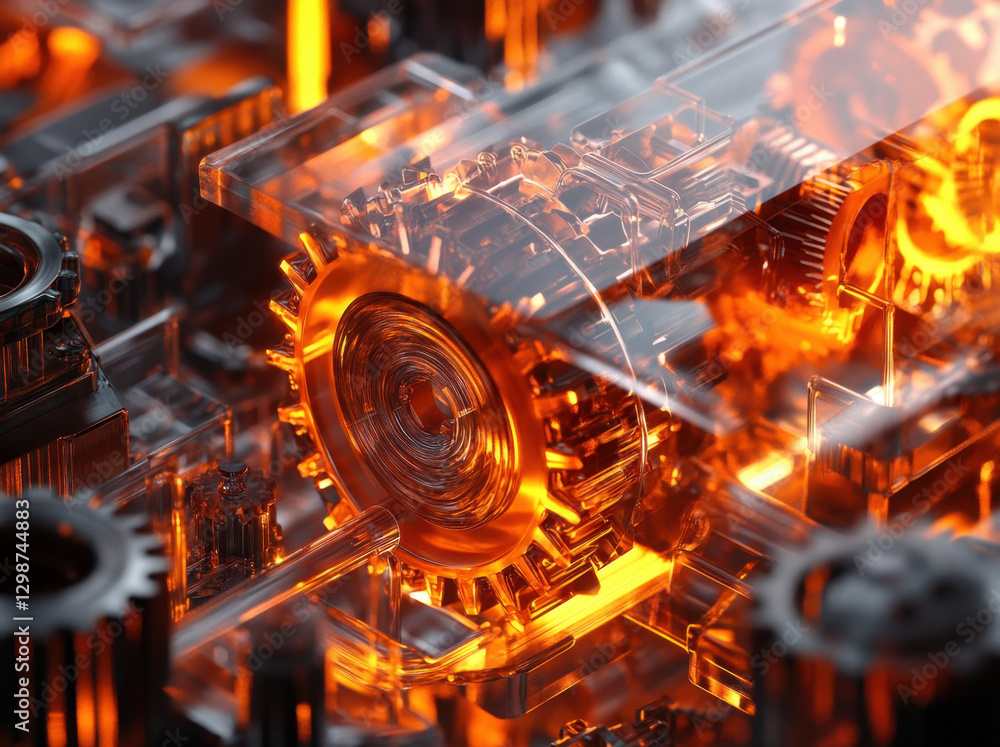 Aufkleber intricate transparent gears and engine components are illuminated by dynamic orange light, showcasin