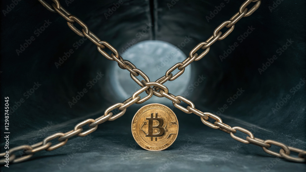 Poster bitcoin crash, crypto price drop sell-off. a bitcoin surrounded by chains, symbolizing security and 