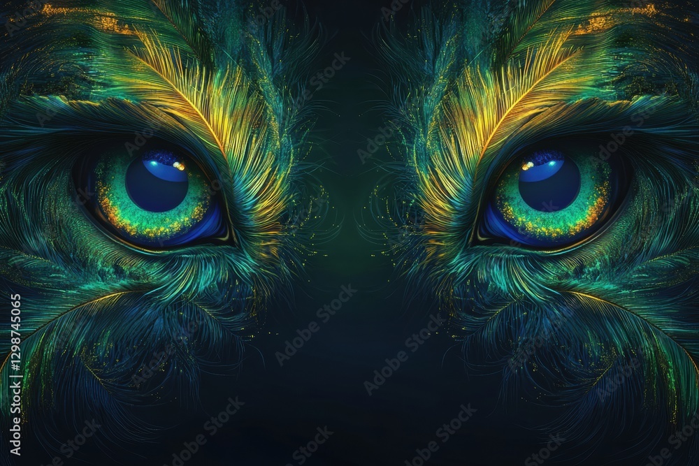 Fototapete mystical eyes surrounded by vibrant feathers create an enchanting visual experience in a dark atmosp