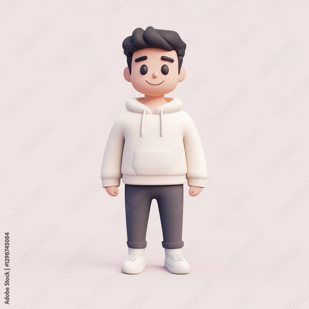 Poster cartoon character stands in relaxed pose against a pastel backdrop the rendering style features soft