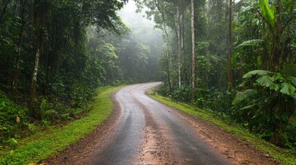 Serene Rainforest Road: A Misty Jungle Drive