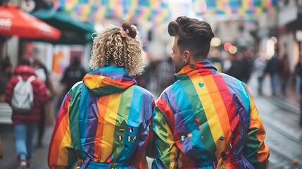 Fototapeta premium Happy LGBTQ Couple Wearing Matching Pride Jackets Strolling in Vibrant City