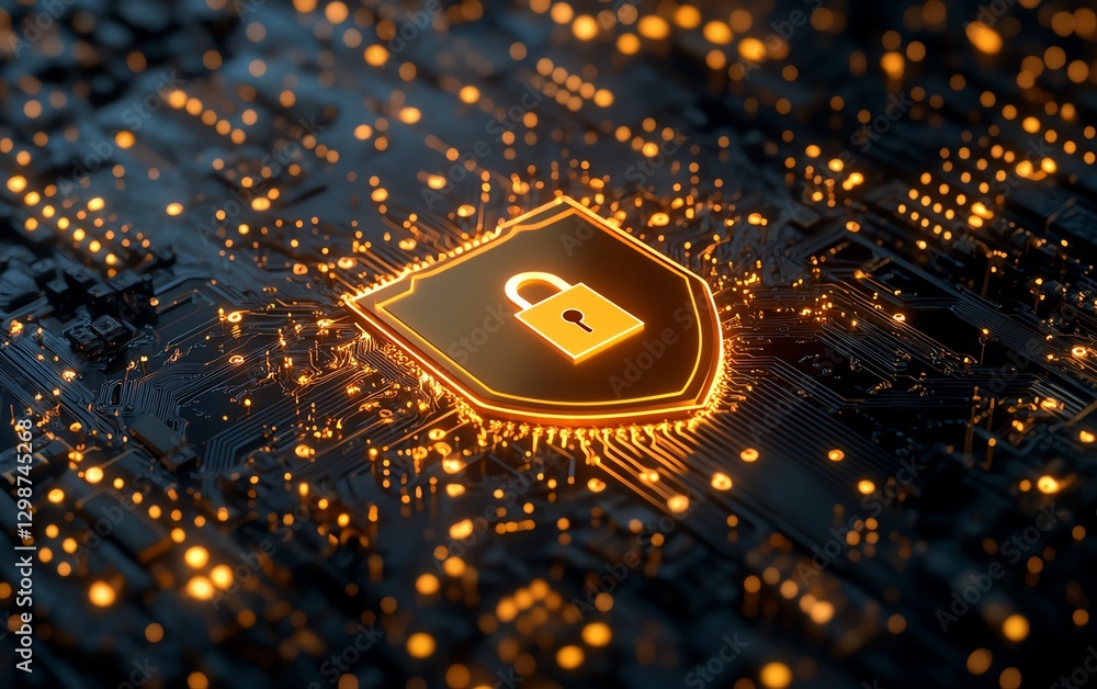 Poster illustration of a golden shield with a padlock embedded on a glowing circuit board