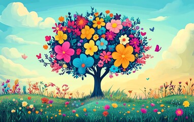 Illustration of a human brain tree with blooming flowers in vivid colors