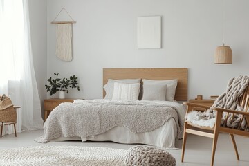 In a modern home, a Scandinavian-inspired bedroom with light wood furniture, soft textiles, and minimalist design exudes tranquility and warmth.