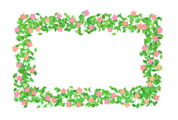 緑の葉っぱと花のフレーム　春　花　ピンク