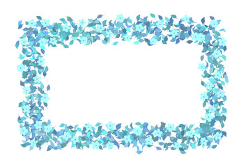 青色の葉っぱと花のフレーム　水色　ブルー