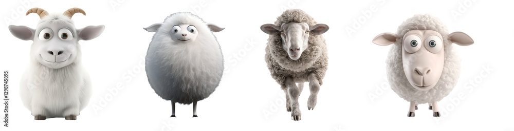 Poster cute cartoon sheep and goats lined up smiling happily with fluffy yet comical expressions