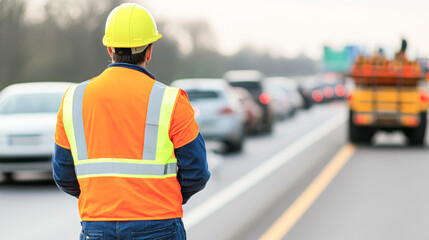 Construction worker directing traffic on a busy highway.
