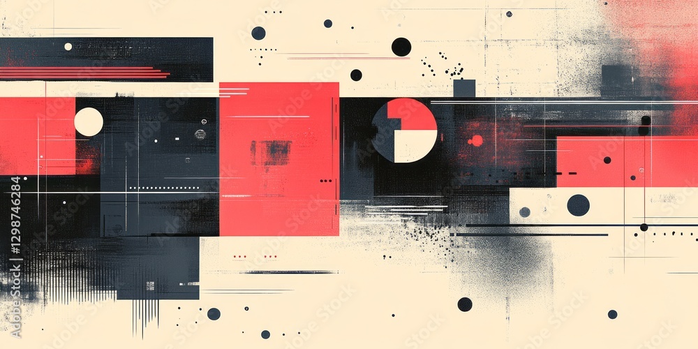 Poster abstract geometric composition featuring squares circles and lines in red
