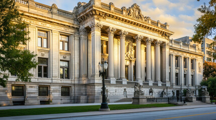 Obraz premium Historic courthouse building facade showcasing classic architecture and timeless design, symbolizing justice, heritage, and the enduring legacy of legal institutions. 
