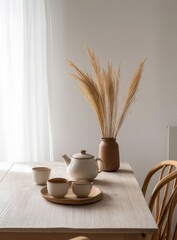 Cozy Minimalist Kitchen Decor with Teapot and Dried Pampas Grass