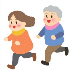A cheerful illustration of a young woman and an older man running together, promoting fitness and companionship.