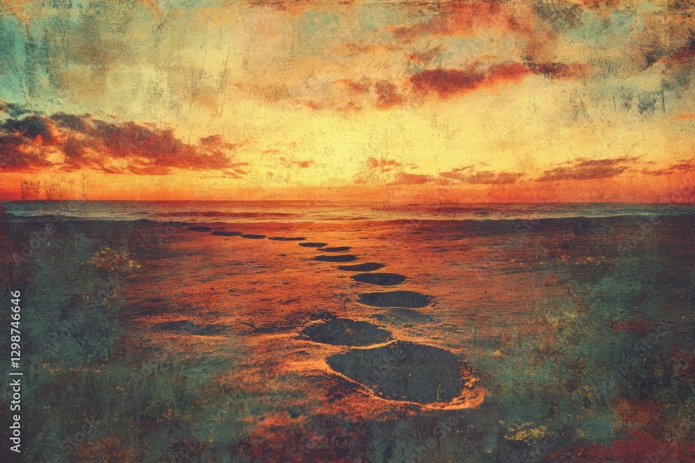 Poster footprints in the sand at sunset on a tranquil beach with colorful skies. generative ai