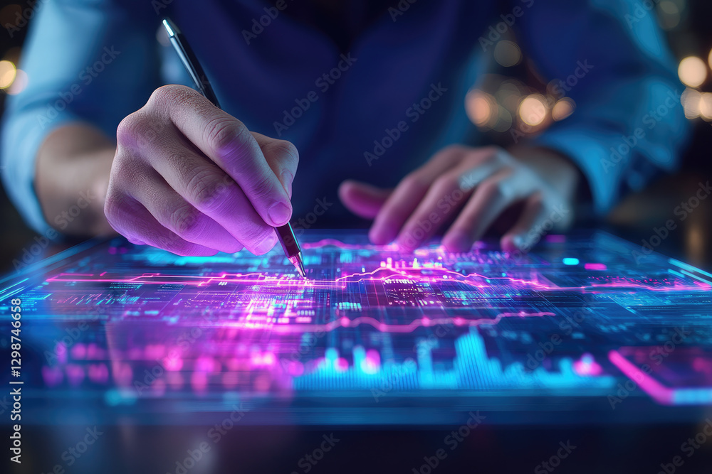 Poster designing creative financial strategies with glowing charts and holographic projections in a futuris