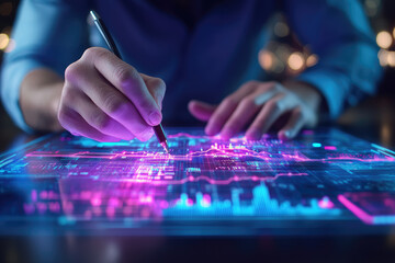 Naklejka premium Designing creative financial strategies with glowing charts and holographic projections in a futuristic office environment from a dynamic perspective