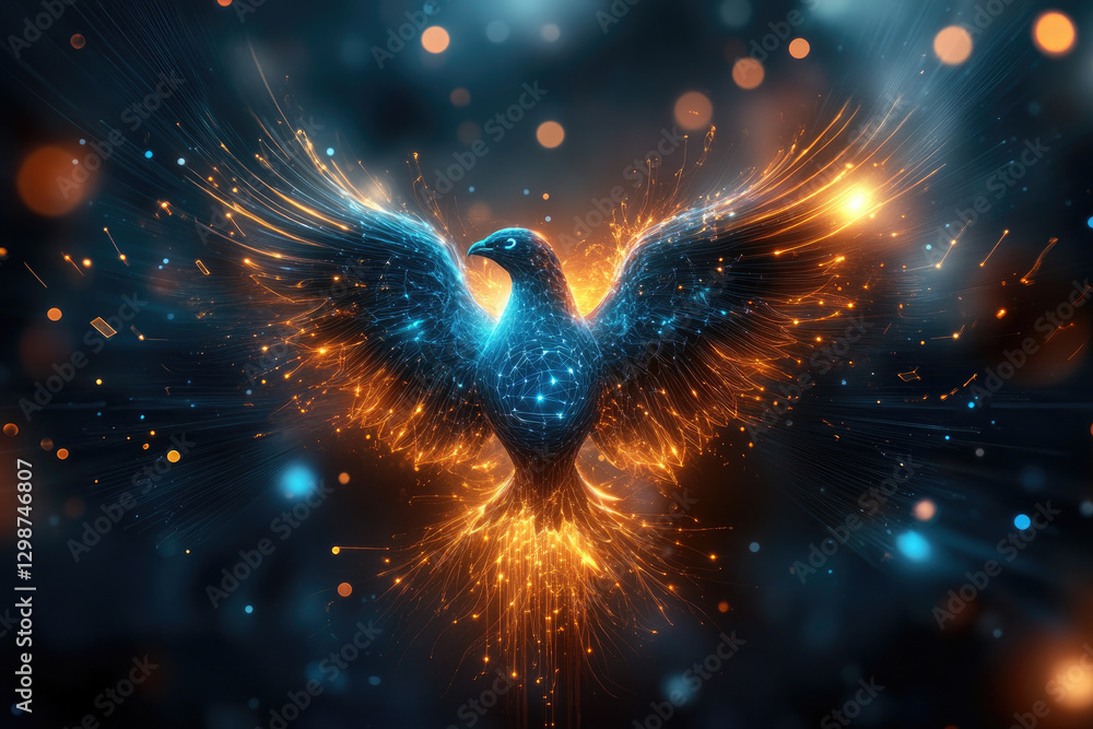 Poster ai innovation unleashed a digital phoenix rises from glowing data streams in a surreal fantasy illus