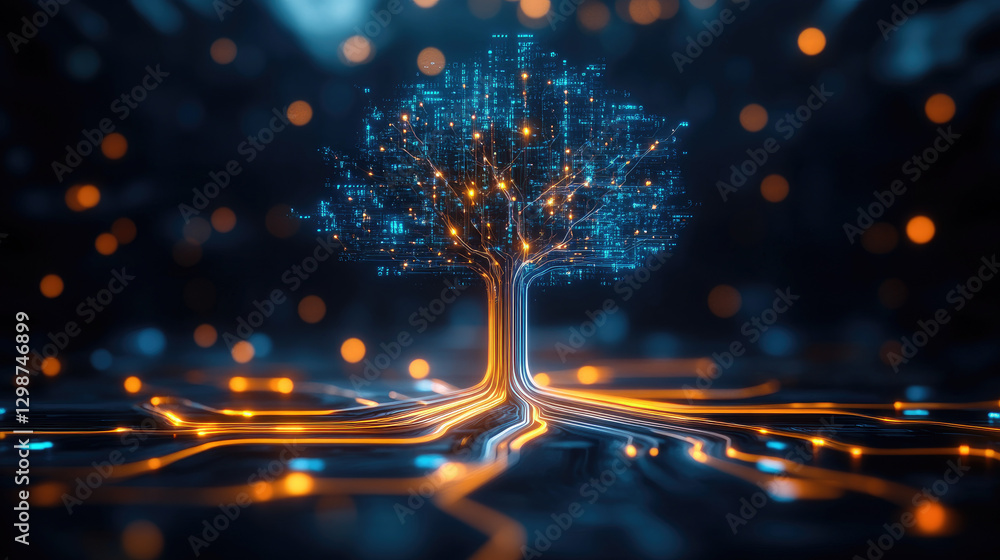 Poster illuminating growth event digital forest neon futuristic environment aerial viewpoint symbolizing in