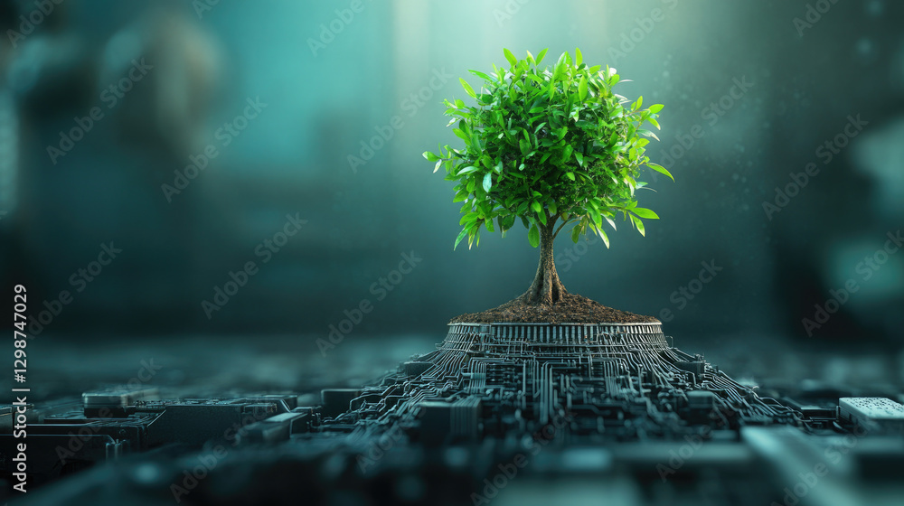 Poster integrating nature and innovation a symbolic representation of sustainability with a tree growing in