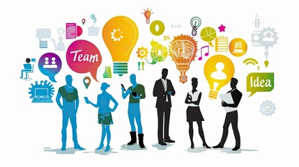 Illustration of people standing in an office, holding phones