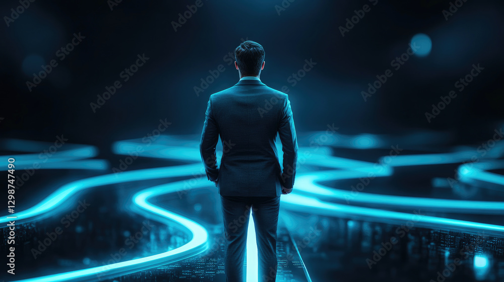 Poster strategic vision business leader navigating an abstract glowing path towards achievement in a dynami