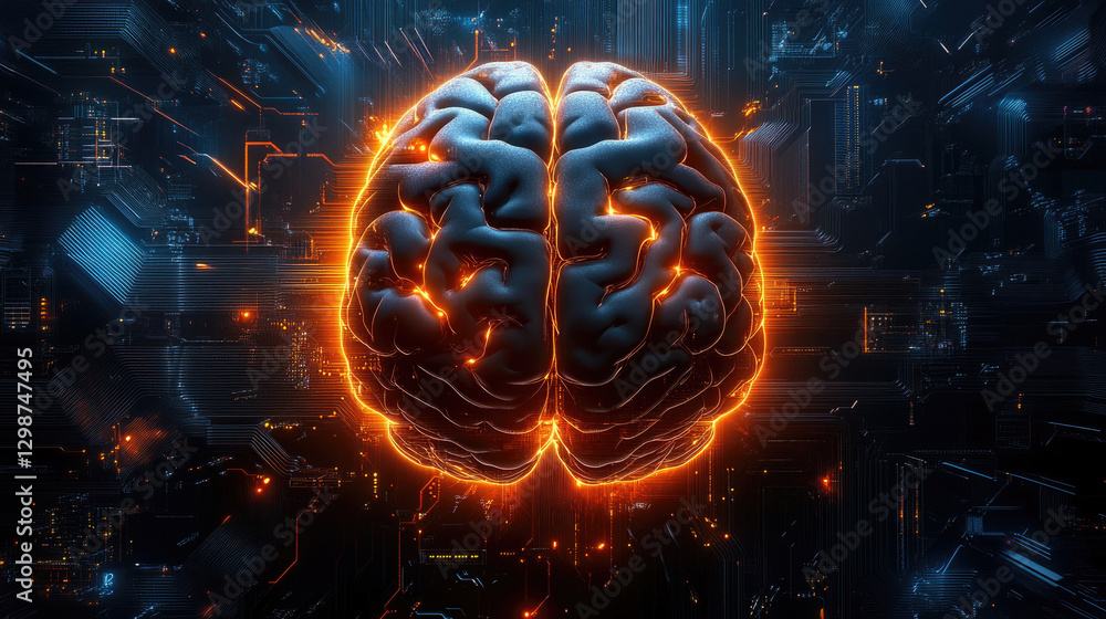 Poster illuminating ai-inspired human brain with flowing light patterns surrounded by intricate circuit boa