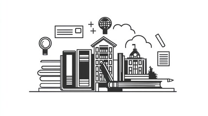 Fototapeta premium Education Illustration, Books, Buildings