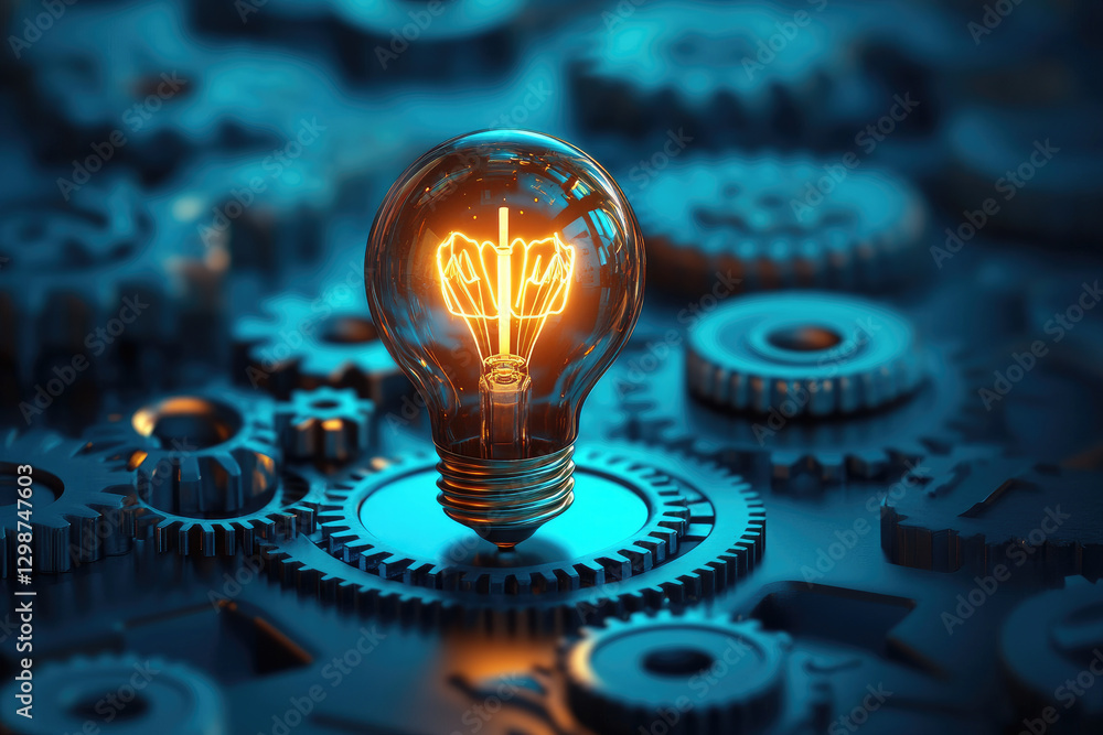 Poster illuminating collaboration a conceptual art piece of a glowing lightbulb merging with abstract gears