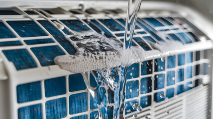 A detailed close-up of an air conditioner's grille, showcasing water droplets cascading down the white frame. The blue mesh filter is visibly dirty, highlighting the need for regular cleaning.