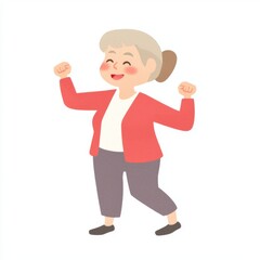 Fototapeta premium A cheerful elderly woman is celebrating with raised fists, showcasing joy and vitality in a cartoonish style.