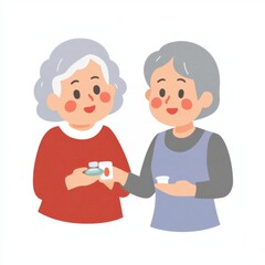 Fototapeta premium Two elderly women share a warm moment, exchanging items with smiles, showcasing friendship and care.