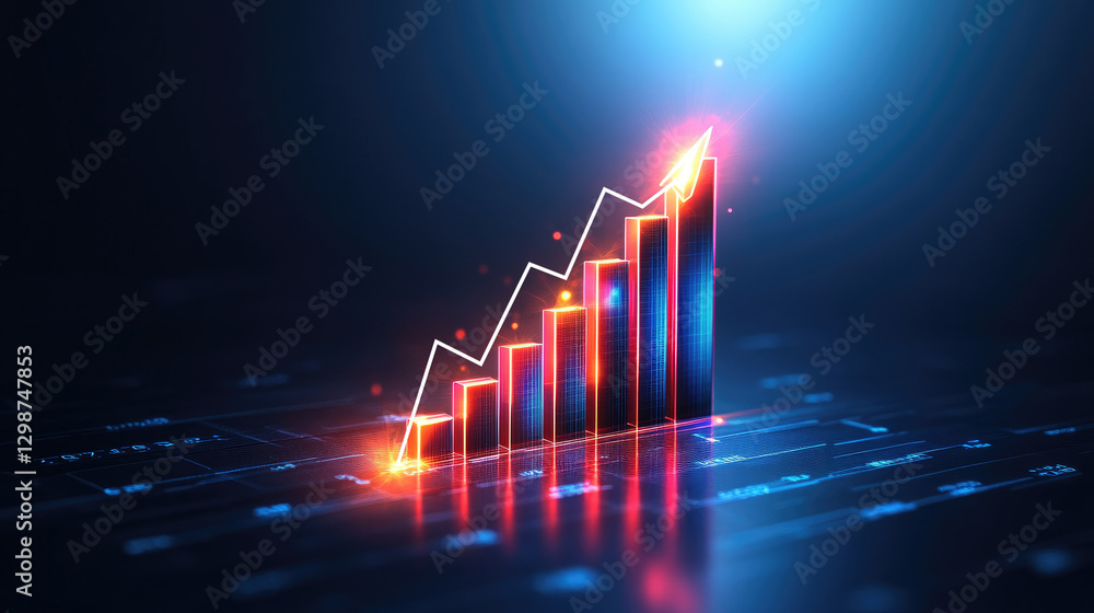 Poster visualizing business growth through a digital chart in a virtual environment with futuristic glowing