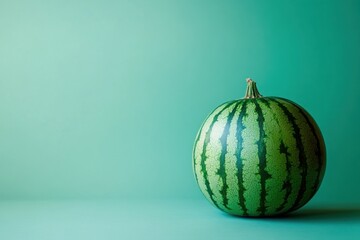 A single watermelon presented against a solid colored background