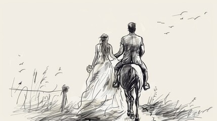 A wedding drawing of the bride and groom riding on horseback, with a white background, simple lines, and a minimalistic, sketch-like style