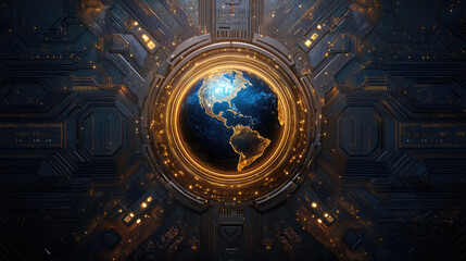 Fototapeta premium Transforming global interaction earth's hologram surrounded by legal content circuits in a secure digital database environment
