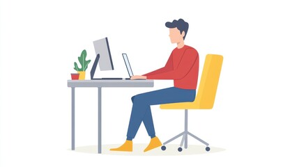 Man Working at Desk Illustration