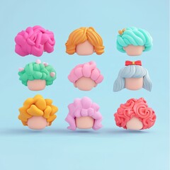 A vibrant collection of stylized wig heads in an eye-catching color palette displayed against a light blue backdrop